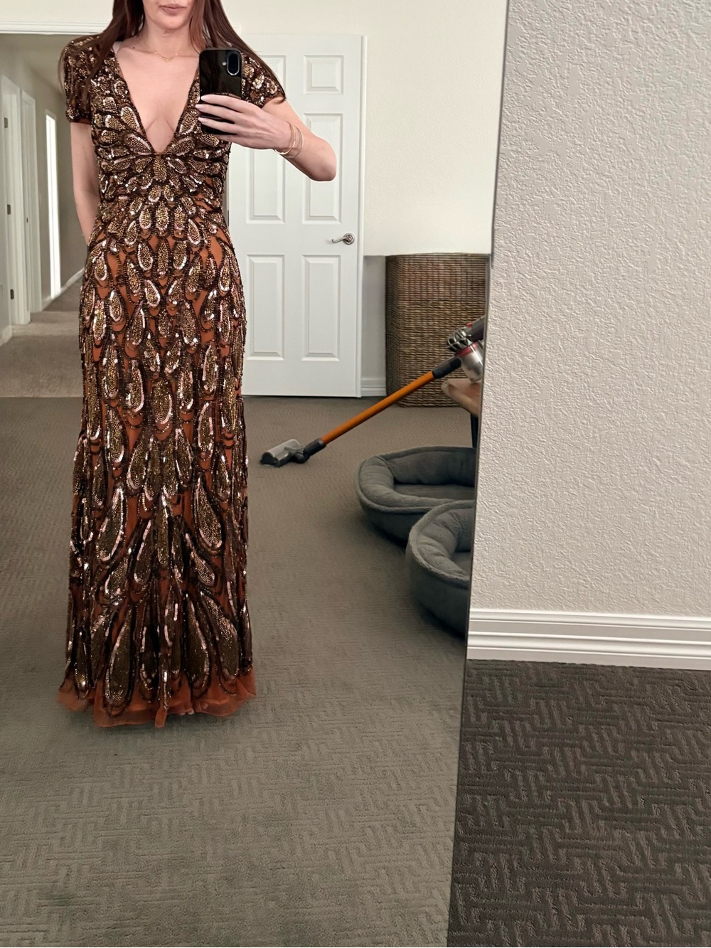 Mac Duggal Brown Beaded V-Neck Cap Sleeve Maxi Gown - Picture 3 of 3